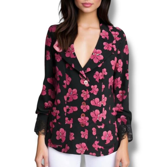 Vintage Escada Margaretha Ley‎ Size 44 Floral Silk Jacket Navy Pink Hibiscus - Picture 1 of 16